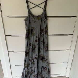 Torrid Purple Green Floral Gray Grey Tiered Strappy Maxi Dress 1 1X Flowy Soft